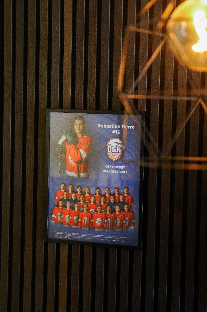 Inramad lagposter på en mörk ribbvägg.