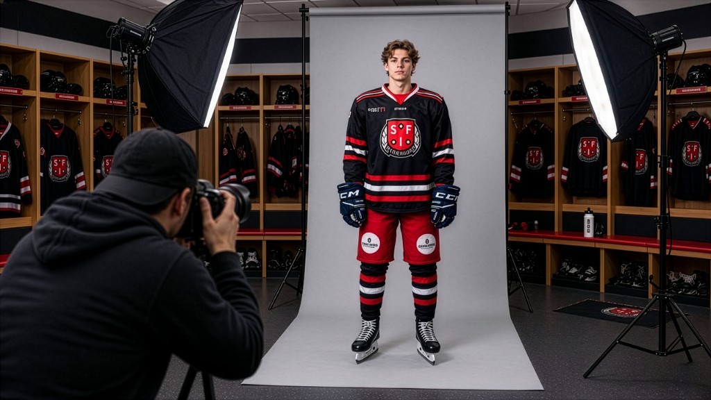 Fotograf fotograferar en hockeyspelare framför en studio-backdrop i omklädningsrummet.